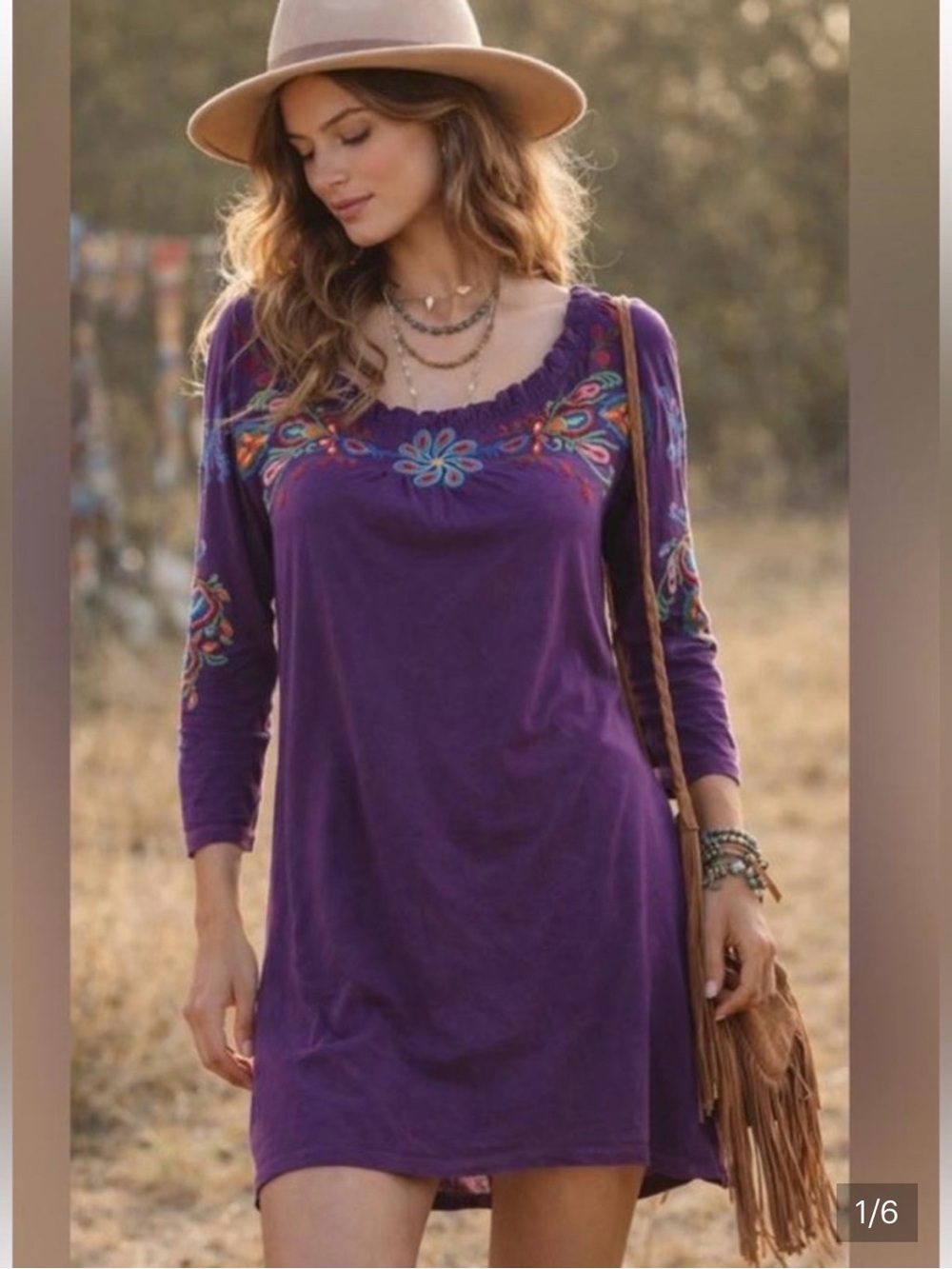 JOHNNY WAS JWLA Floral Embroidered Boho Purple Mini Festival Dress- Sz Small